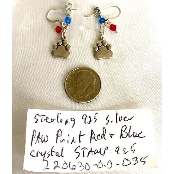 KU Just Cute Dangle Silver Paws Earrings With Red/blue accent crystals. - Picture 9 of 10
